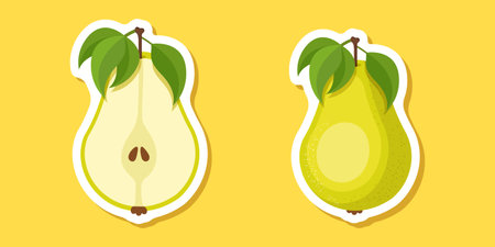 Pear sticker icon in flat style. Fresh fruit vector illustration on isolated background. Fresh pear sign business concept.のイラスト素材