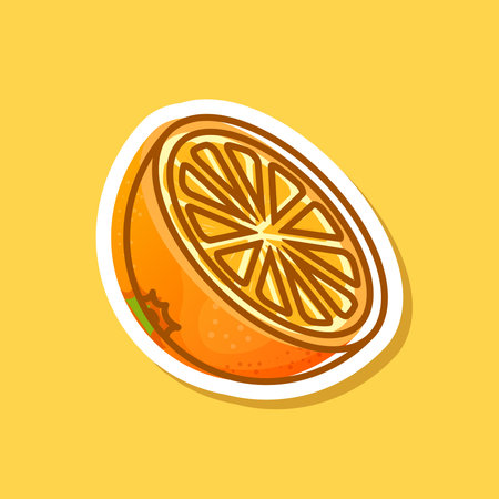 Orange fruit sticker icon in cartoon comic style. Clementine vector illustration on isolated background. Nature snack sign business concept.のイラスト素材