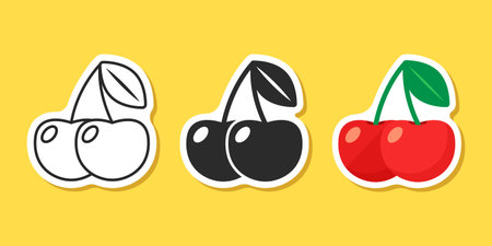 Cherry berry sticker icon set collection in flat style. Fresh fruit vector illustration on isolated...