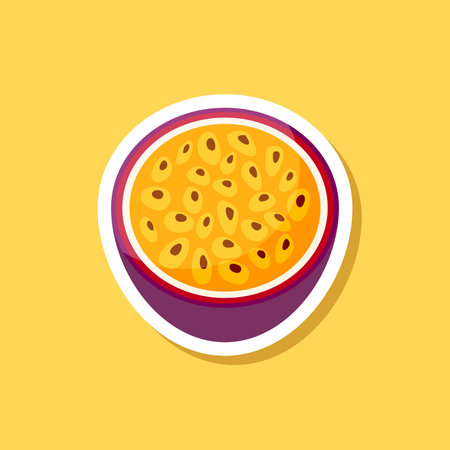 Passion fruit sticker icon in flat style. Passionfruit vector illustration on isolated background. Nature snack sign business concept.のイラスト素材