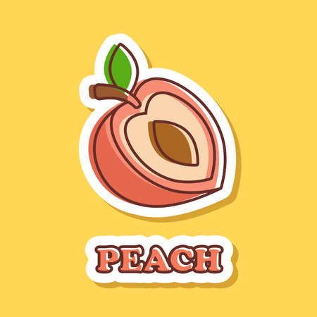 Peach fruit sticker icon in flat style. Apricot vector illustration on isolated background. Nectarine nature snack sign business concept.のイラスト素材