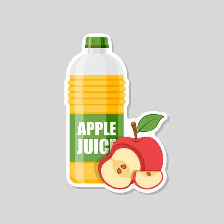 Apple juice sticker in bottle icon in flat style. Fresh fruit drink vector illustration on isolated background. Healthy food sign business concept.のイラスト素材