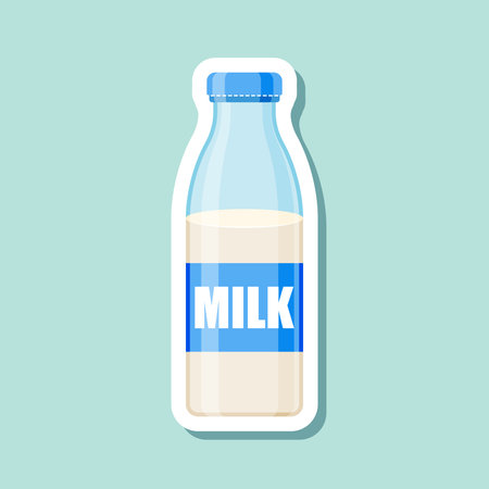 Milk bottle sticker icon in flat style. Dairy product vector illustration on isolated background. Milky liquid sign business concept.のイラスト素材