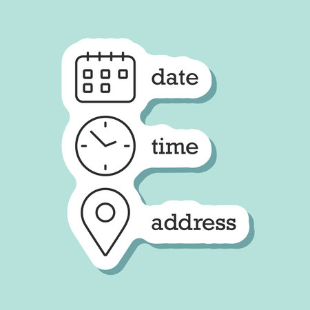 Date, time, location sticker icon in flat style. Event message vector illustration on isolated background. Information sign business concept.のイラスト素材