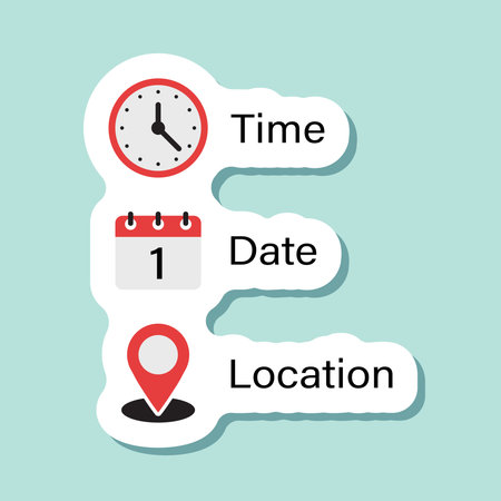 Date, time, location sticker icon in flat style. Event message vector illustration on isolated background. Information sign business concept.のイラスト素材
