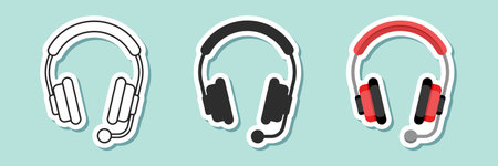 Headset sticker icon set collection in flat style. Earphone vector illustration on isolated...