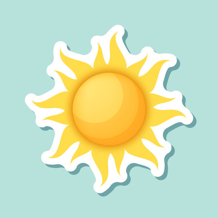 Sun sticker icon in flat style. Sunrise vector illustration on isolated background. Sunset sign business concept.のイラスト素材