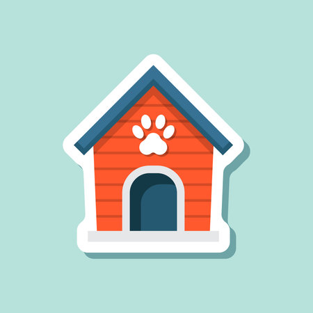 Dog house sticker icon in flat style. Pet home vector illustration on isolated background. Animal shelter sign business concept.のイラスト素材