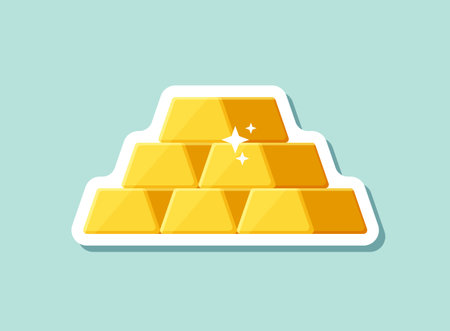 Gold bar stack sticker icon in flat style. Golden ingot vector illustration on isolated background. Financial treasure sign business concept.のイラスト素材