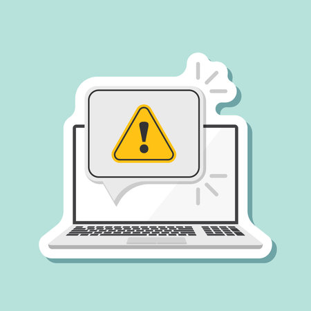 Laptop notification sticker icon in flat style. Computer vector illustration on isolated background. Reminder message sign business concept.のイラスト素材