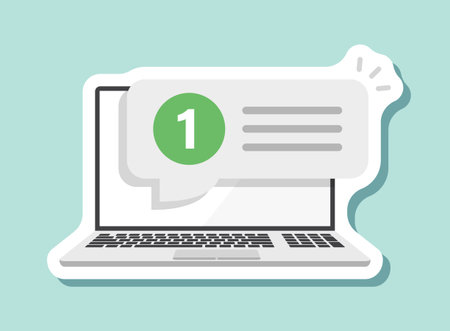 Laptop notification sticker icon in flat style. Computer vector illustration on isolated background. Reminder message sign business concept.のイラスト素材