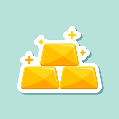 Gold bar stack sticker icon in flat style. Golden ingot vector illustration on isolated background. Financial treasure sign business concept.のイラスト素材