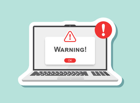 Laptop notification sticker icon in flat style. Computer vector illustration on isolated background. Reminder message sign business concept.のイラスト素材