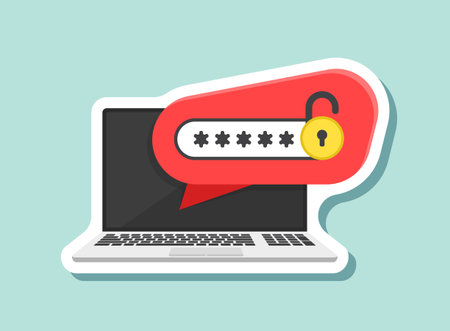 Laptop with account login sticker icon in flat style. Password form page vector illustration on isolated background. User authorization sign business concept.のイラスト素材