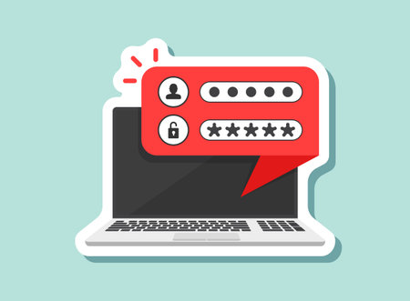 Laptop with account login sticker icon in flat style. Password form page vector illustration on isolated background. User authorization sign business concept.のイラスト素材