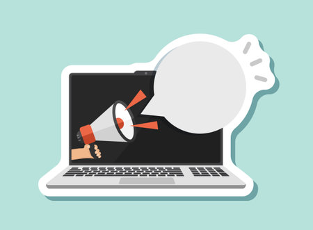 Laptop notification sticker icon in flat style. Computer vector illustration on isolated background. Megaphone reminder sign business concept.のイラスト素材