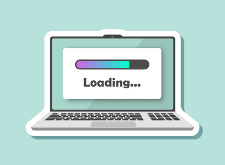 Laptop loading process sticker icon in flat style. Software update vector illustration on isolated background. Updating sign business concept.のイラスト素材