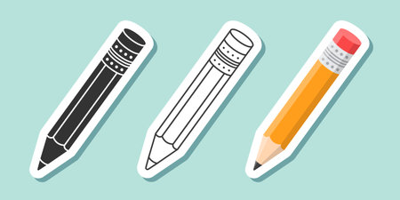 Pencil icon set sticker collection in flat style. Office supplies vector illustration on isolated background. Writing sign business concept.のイラスト素材