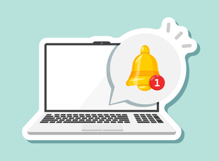 Laptop notification sticker icon in flat style. Computer vector illustration on isolated background. Reminder message sign business concept.のイラスト素材