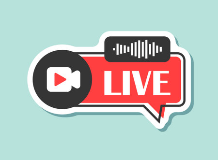 Live stream button sticker icon in flat style. Webinar vector illustration on isolated background. Streaming sign business concept.のイラスト素材