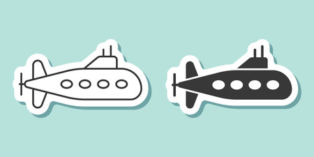Submarine sticker icon in flat style. Bathyscaphe vector illustration on isolated background. Underwater transport sign business concept.のイラスト素材