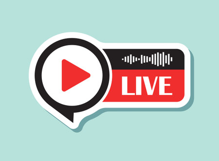 Live stream button sticker icon in flat style. Webinar vector illustration on isolated background. Streaming sign business concept.のイラスト素材