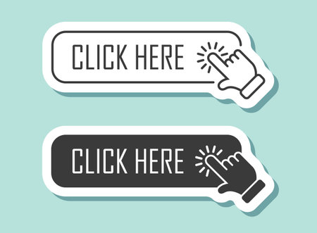 Click here banner sticker icon in flat style. Ecommerce vector illustration on isolated background. Shopping button sign business concept.のイラスト素材