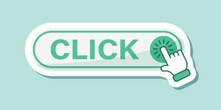 Click here banner sticker icon in flat style. Ecommerce vector illustration on isolated background....
