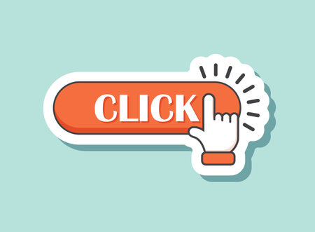 Click here banner sticker icon in flat style. Ecommerce vector illustration on isolated background. Shopping button sign business concept.のイラスト素材