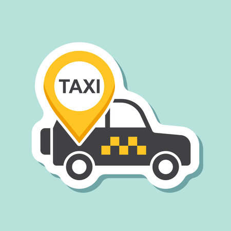 Taxi car service sticker icon in flat style. Cab vector illustration on isolated background. Delivery company sign business concept.のイラスト素材