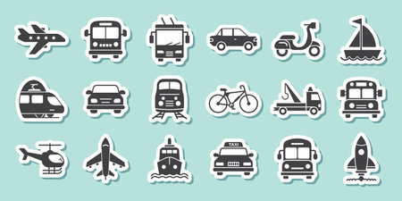 Transport sticker icon set collection in flat style. Transportation vector illustration on isolated background. Vehicle sign business concept.のイラスト素材