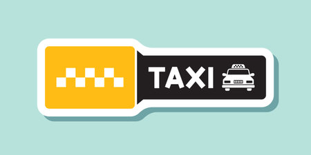 Taxi service sticker icon in flat style. Cab vector illustration on isolated background. Delivery company sign business concept.のイラスト素材