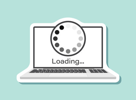 Laptop loading process sticker icon in flat style. Software update vector illustration on isolated background. Updating sign business concept.のイラスト素材