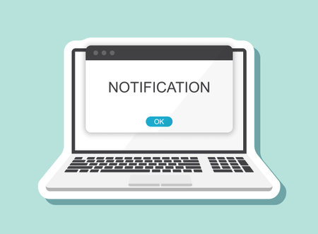 Laptop notification sticker icon in flat style. Computer vector illustration on isolated background. Reminder message sign business concept.のイラスト素材