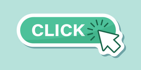 Click here banner sticker icon in flat style. Ecommerce vector illustration on isolated background. Shopping button sign business concept.のイラスト素材