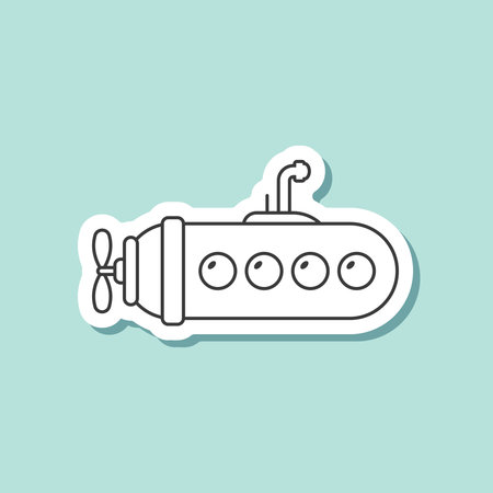 Submarine sticker icon in flat linear style. Bathyscaphe stroke vector illustration on isolated background. Underwater transport sign business concept.のイラスト素材