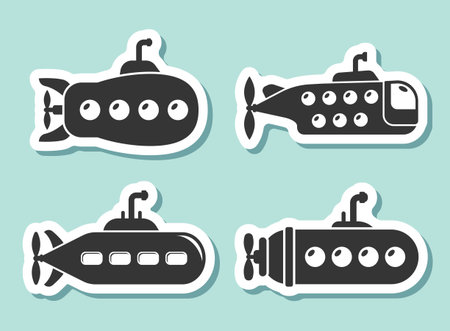 Submarine sticker icon set callection in flat style. Bathyscaphe vector illustration on isolated background. Underwater transport sign business concept.のイラスト素材