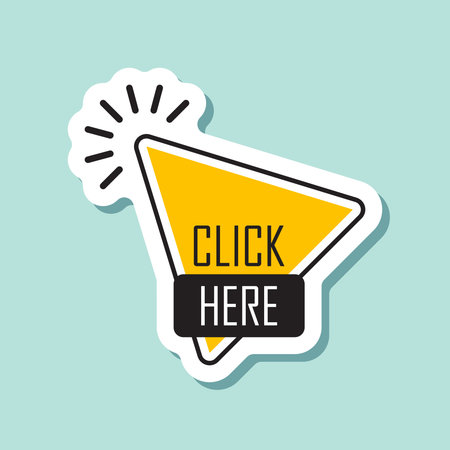 Click here banner sticker icon in flat style. Ecommerce vector illustration on isolated background. Shopping button sign business concept.のイラスト素材
