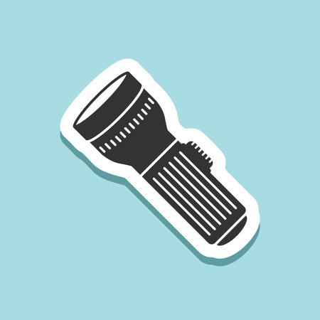 Flashlight sticker icon in flat style. Electric lamp vector illustration on isolated background. Pocket lantern sign business concept.のイラスト素材