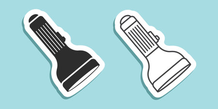 Flashlight sticker icon in flat style. Electric lamp vector illustration on isolated background. Pocket lantern sign business concept.のイラスト素材