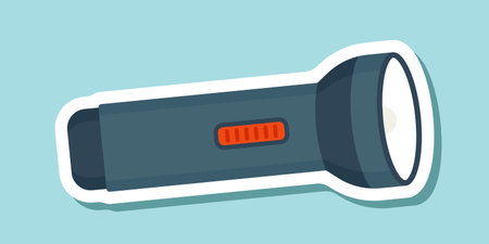 Flashlight sticker icon in flat style. Electric lamp vector illustration on isolated background....