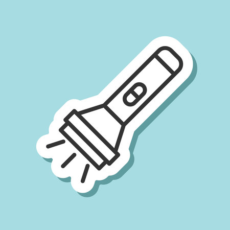 Flashlight sticker icon in line flat style. Electric lamp vector illustration on isolated background. Pocket lantern sign business concept.のイラスト素材