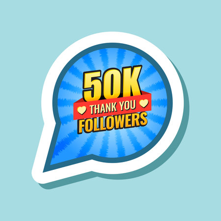 Thank you 50000 followers sticker icon in flat style. Subscription amount vector illustration on isolated background. 50k follower sign business concept.のイラスト素材