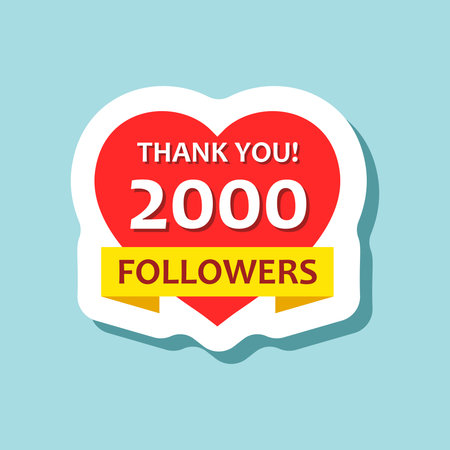 Thank you 2000 followers sticker icon in flat style. Subscription amount vector illustration on isolated background. 2k follower sign business concept.のイラスト素材
