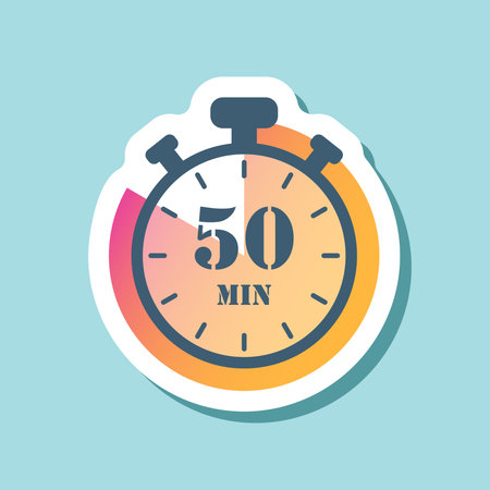 50 minutes on stopwatch sticker icon in flat style. Clock face timer vector illustration on isolated background. Countdown sign business concept.のイラスト素材