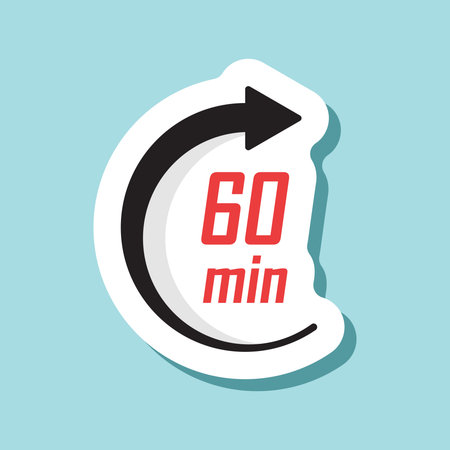 60 minutes on stopwatch sticker icon in flat style. Clock face timer vector illustration on isolated background. Countdown sign business concept.のイラスト素材
