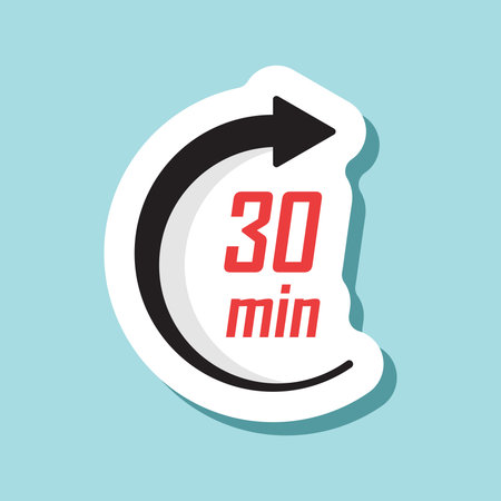 30 minutes on stopwatch sticker icon in flat style. Clock face timer vector illustration on isolated background. Countdown sign business concept.のイラスト素材