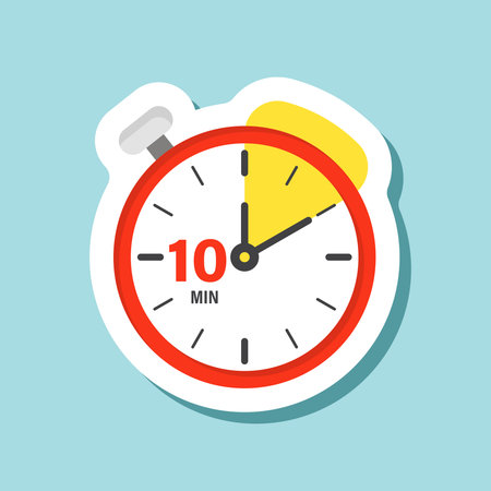 10 minutes on stopwatch sticker icon in flat style. Clock face timer vector illustration on isolated background. Countdown sign business concept.のイラスト素材