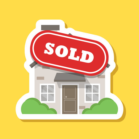 Real estate banner with house sticker icon in flat style. Sale label vector illustration on isolated background. Sold sign business concept.のイラスト素材