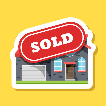 Real estate banner with house sticker icon in flat style. Sale label vector illustration on isolated background. Sold sign business concept.のイラスト素材